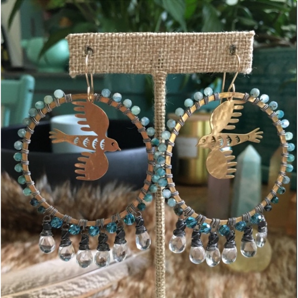 🪬 Hoop Earrings Aquamarine & Chrysocolla Brass Bird